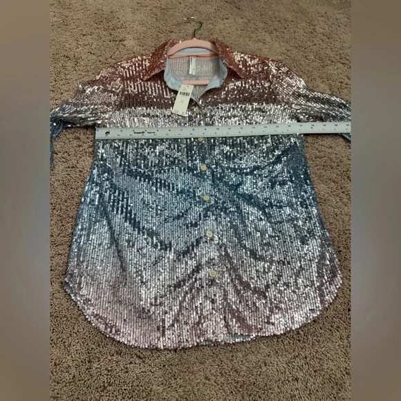 NWT new Anthropologie ombré sequin button down shirt XS blue peach pastel - Picture 17 of 17